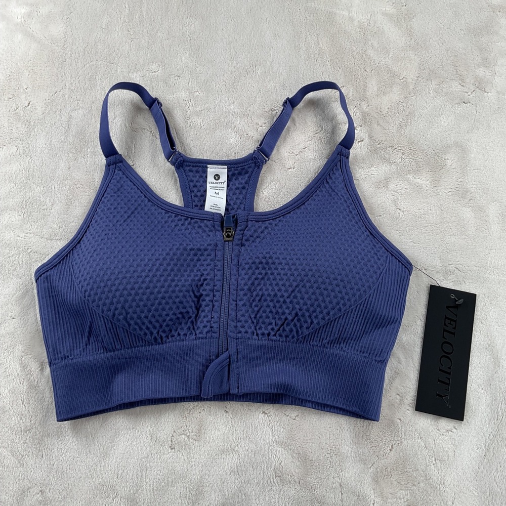 Velocity Seamless Quinn Racerback Sports Bra Skipper Blue Front Zip MEDIUM